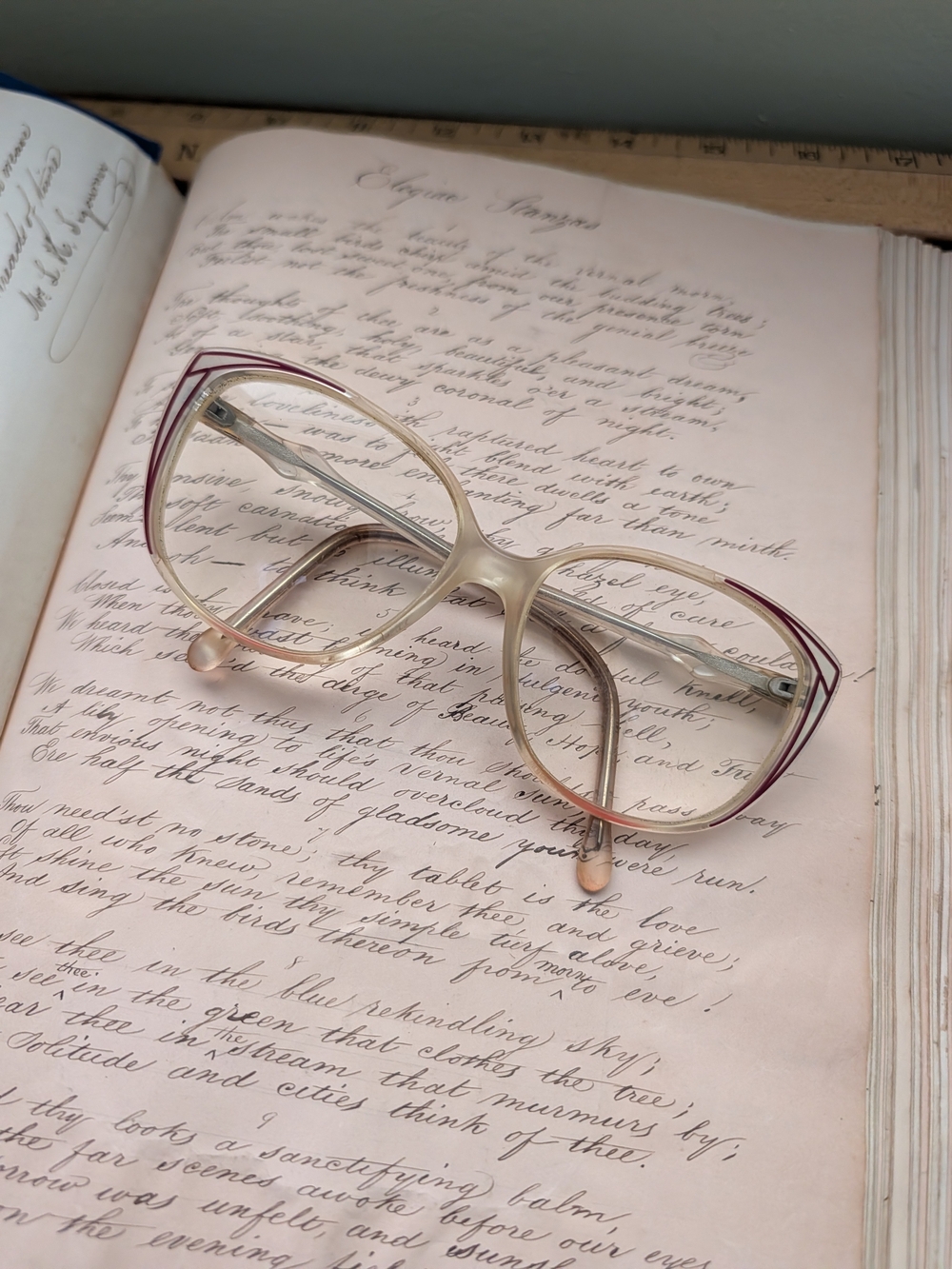 Vintage Women's Cat-Eye Glasses in Champagne with Red Trim Nf Markings